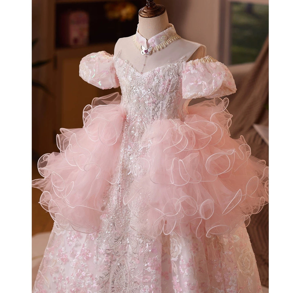 Wedding dress flower girl birthday party fluffy short sleeve sequin girl princess dress
