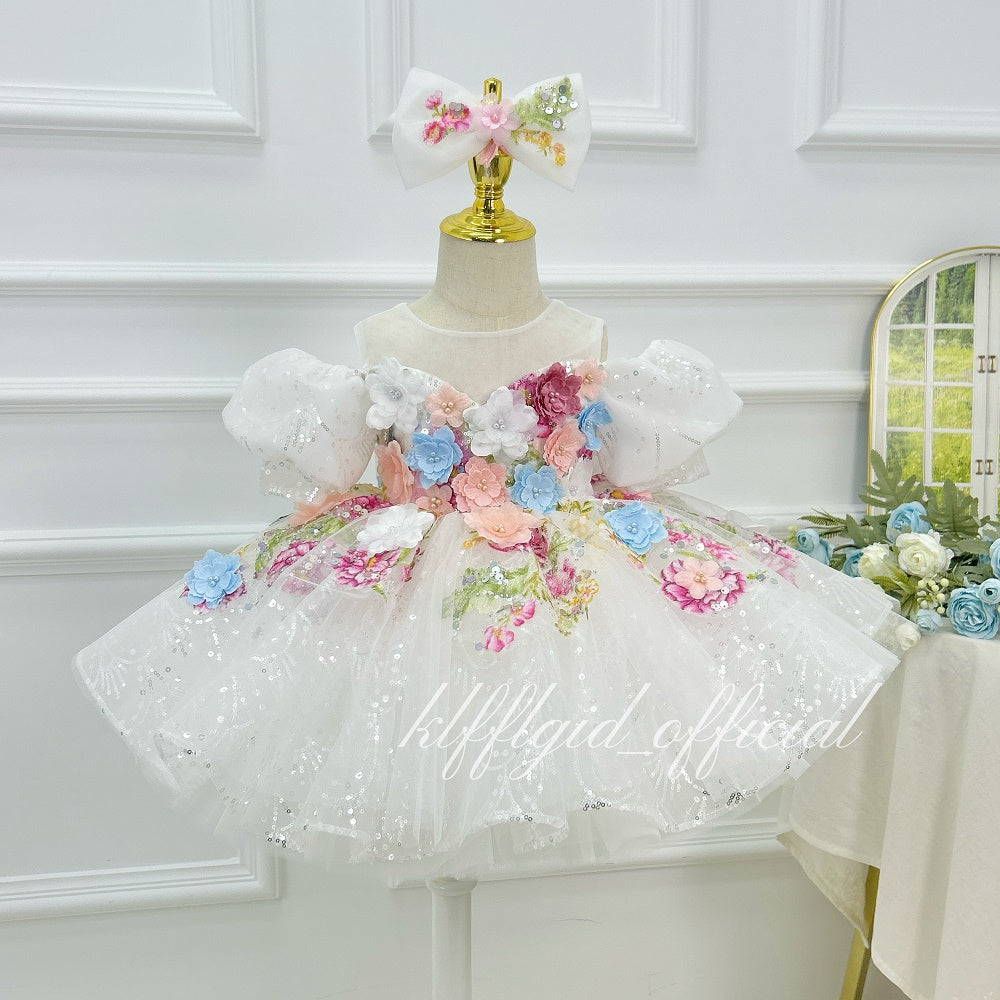 Elegant 3D Floral Flower Girl Princess Dress for Weddings | KLFFIGID