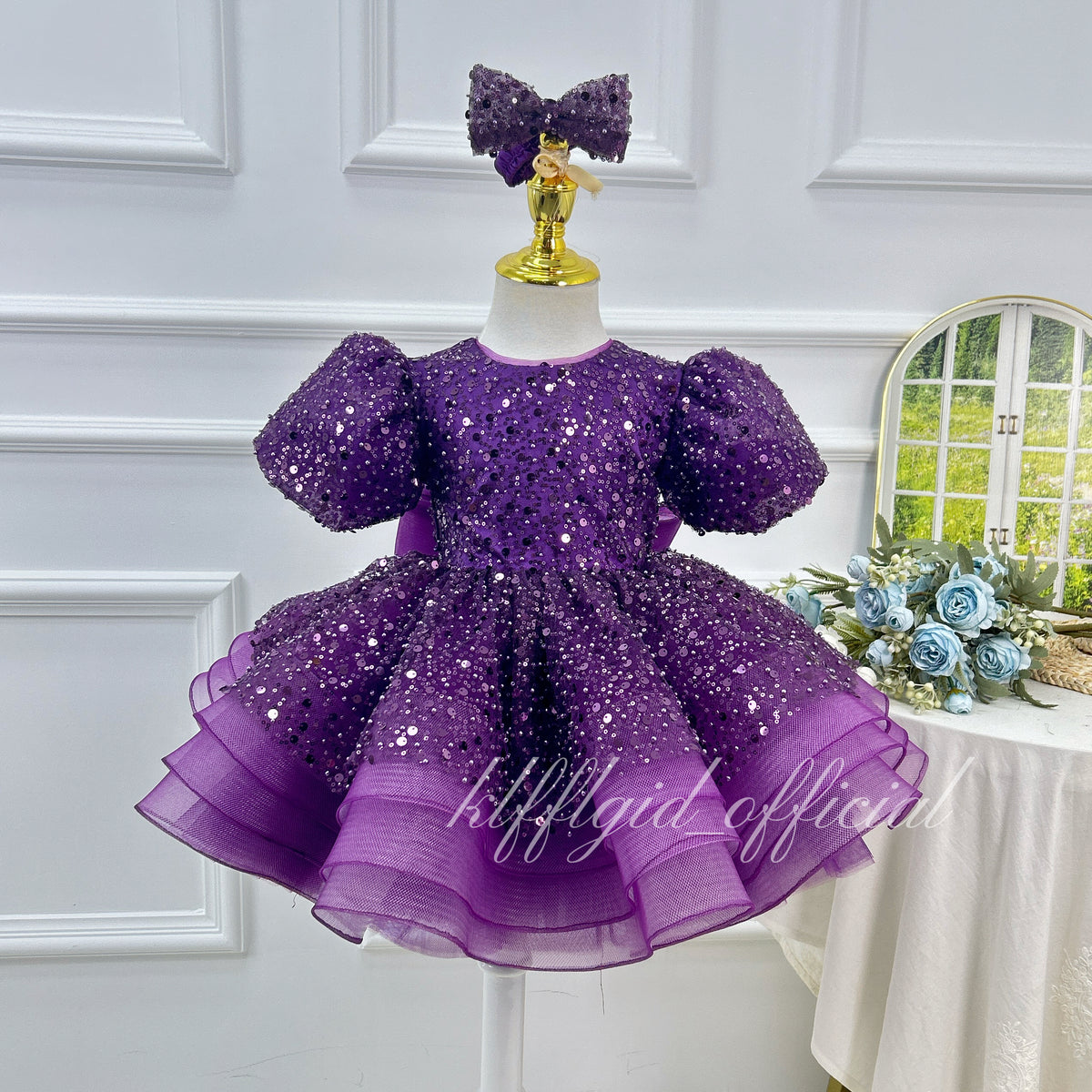 Baby Girls Luxury Champagne Gold Sequin Hi-Low Princess Dress Wedding Flower Dress | KLFFLGID