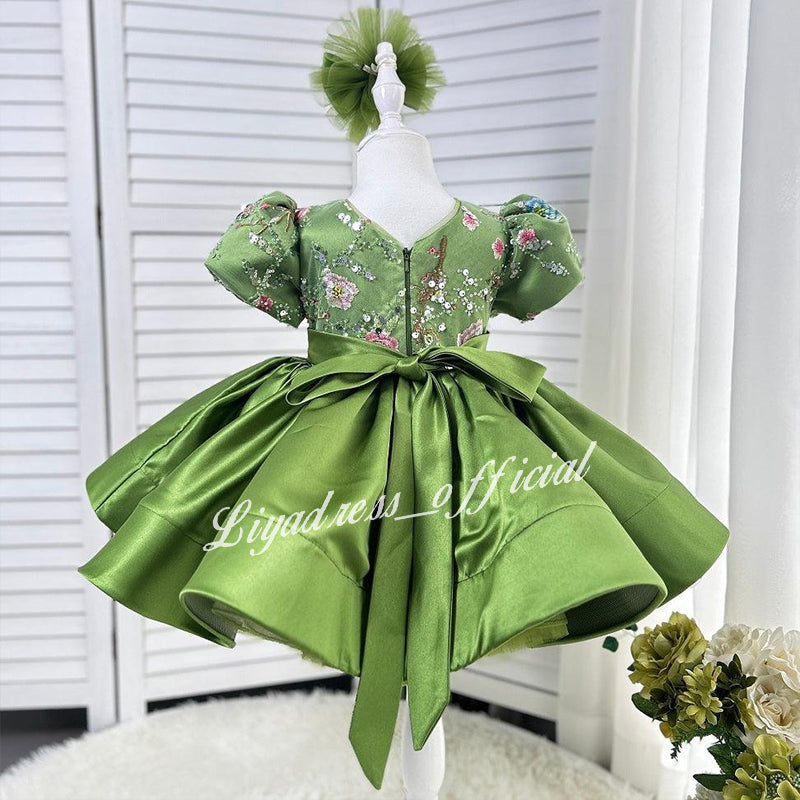 Embroidered Floral Puff Sleeve Satin Mesh Tutu Dress for Girls | KLFFIGID