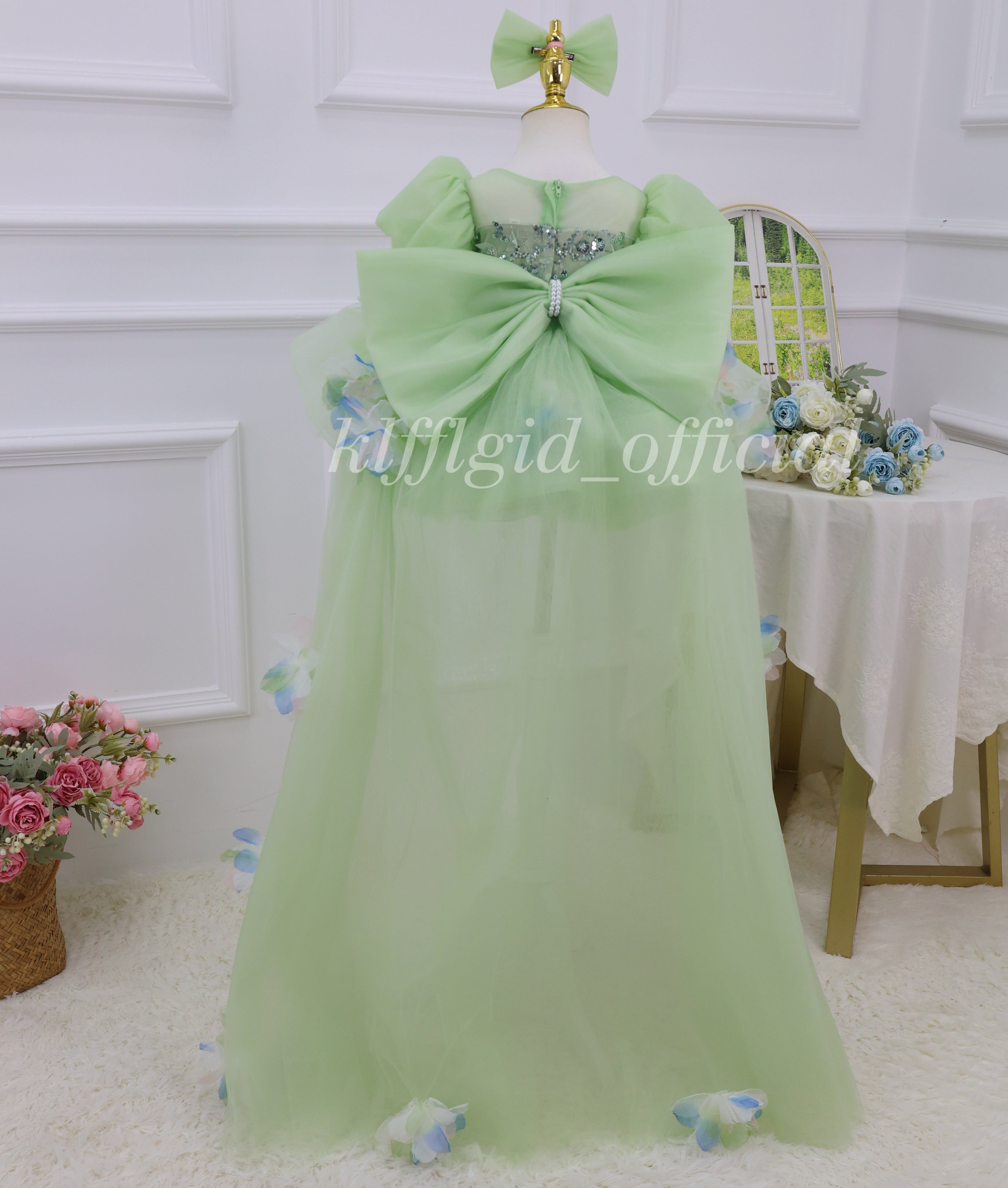 Floral Party Dress for Girls Green baby birthday dress | KLFFLGID