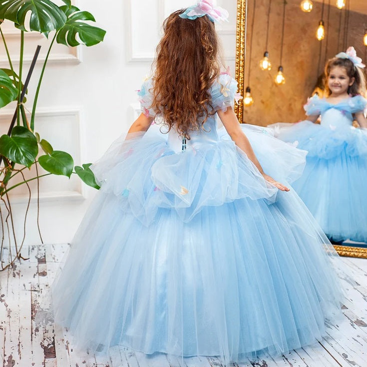 Girls birthday party dress, blue girl princess dress, dress up princess baby dress, butterfly maxi dress