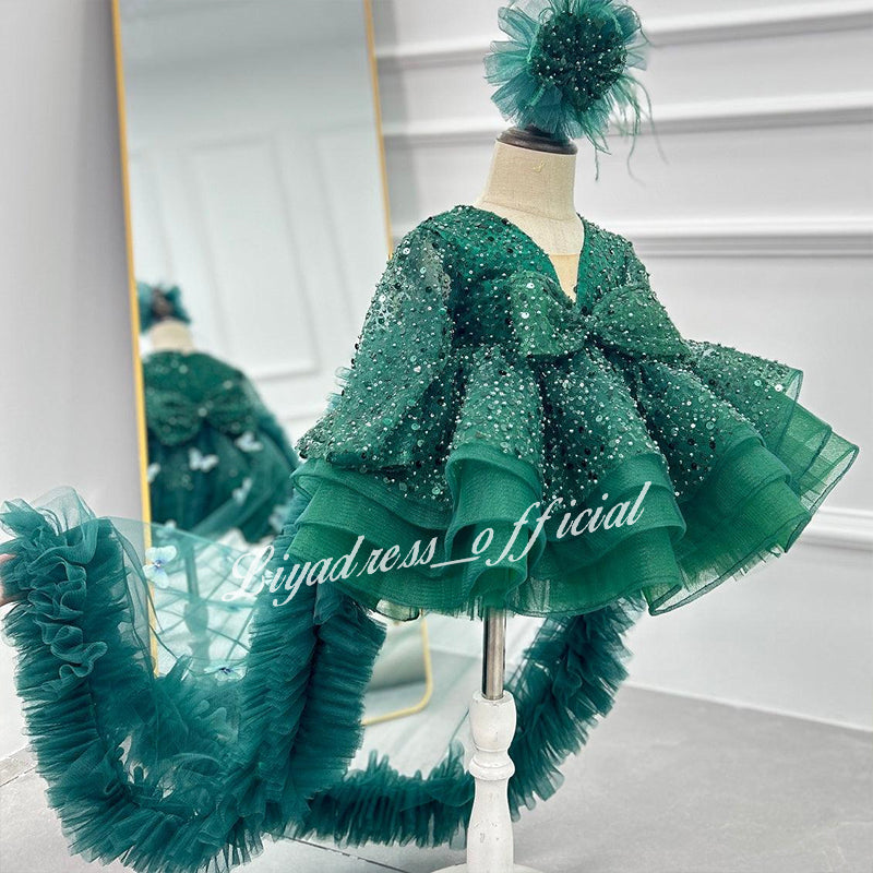 Lace Butterfly Sequined Trailing Birthday Dress with Tiara | KLFFIGID