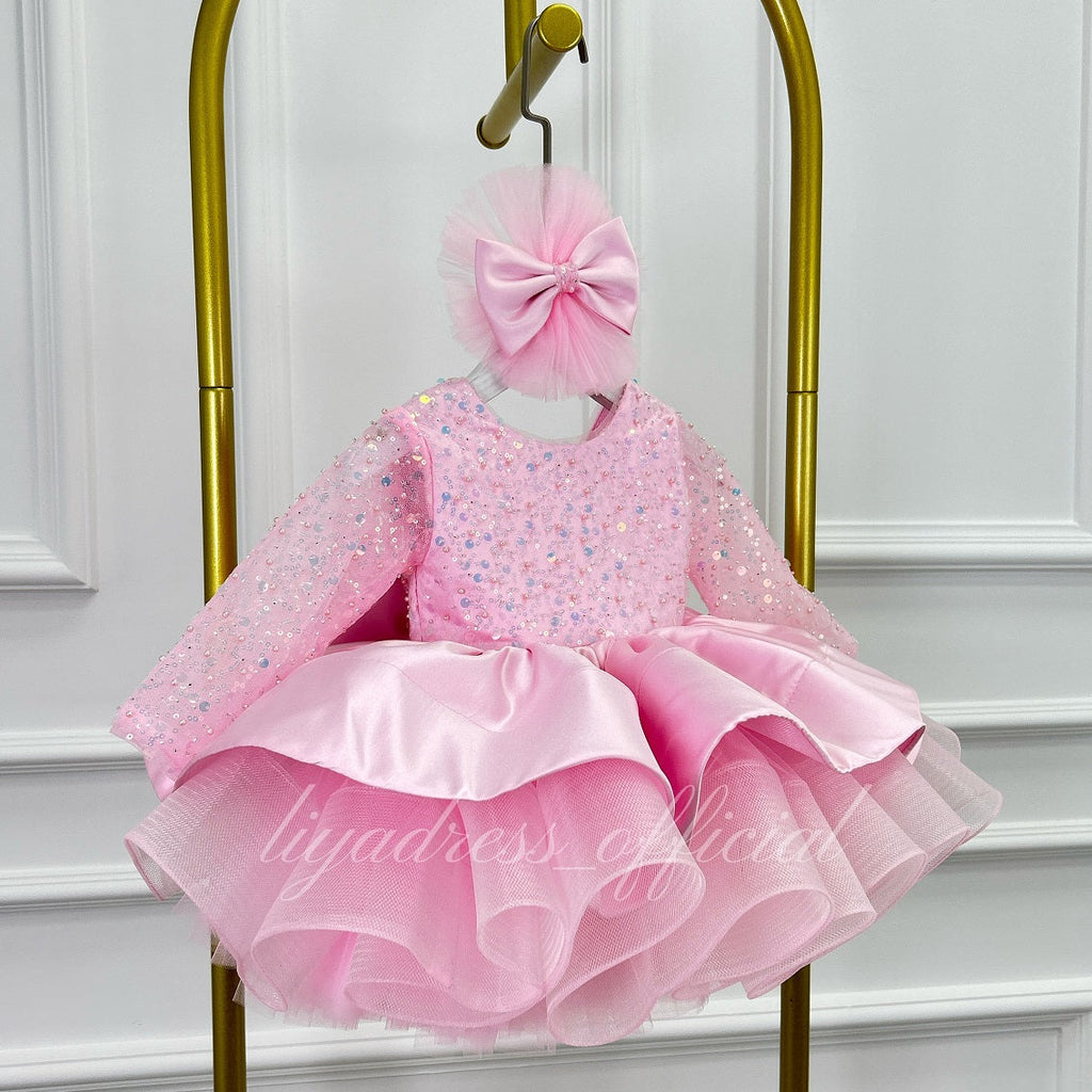 Satin Sequin Big Bow Fluffy Girls Birthday Princess Dress | KLFFIGID