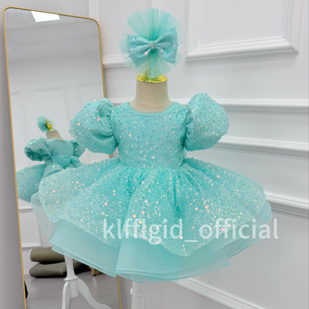 Girls Sequin Puff Sleeve Birthday Princess Dress with Headband | KLFFIGID
