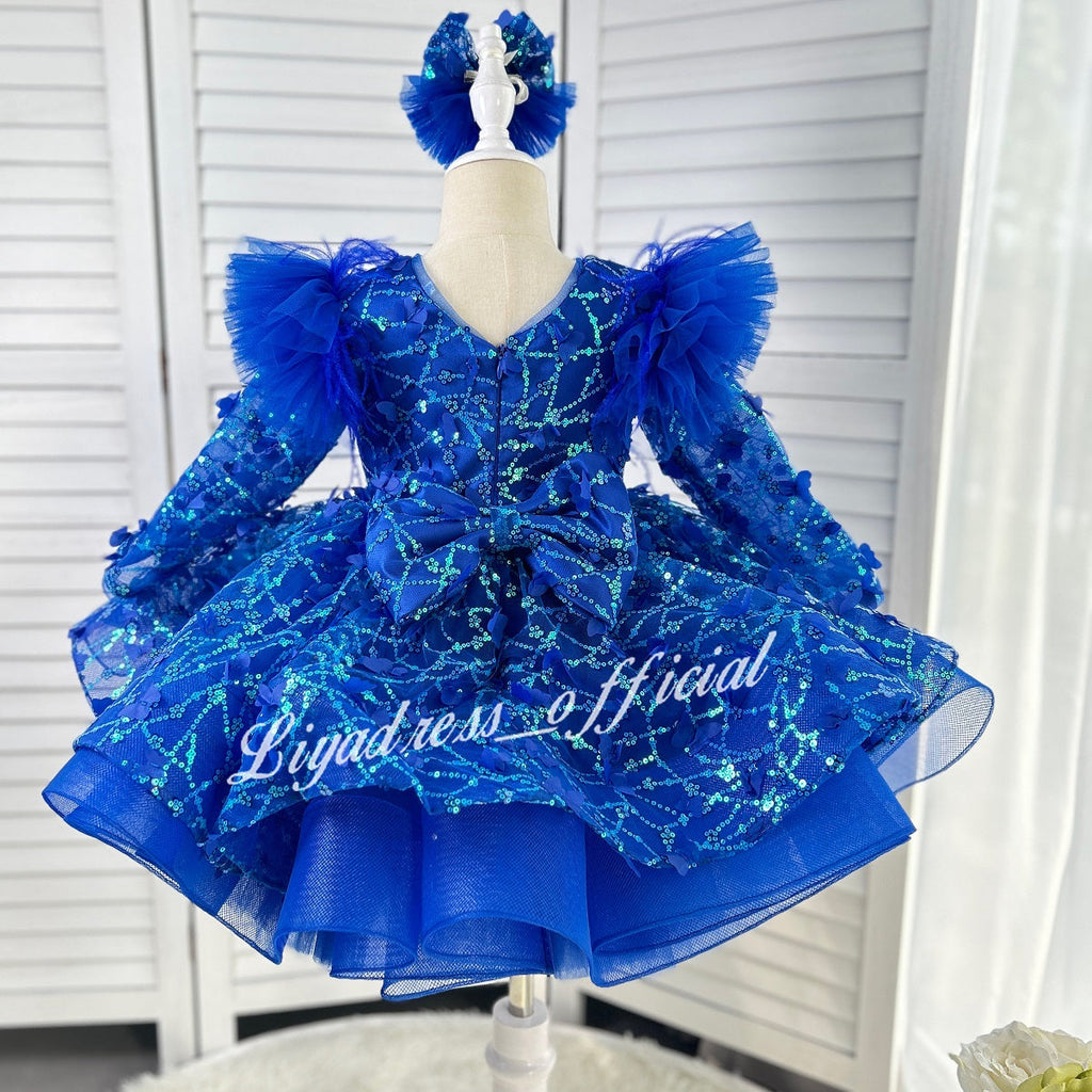 Girls Long Sleeve Butterfly Glitter Christmas Evening Dress | KLIFFIGID