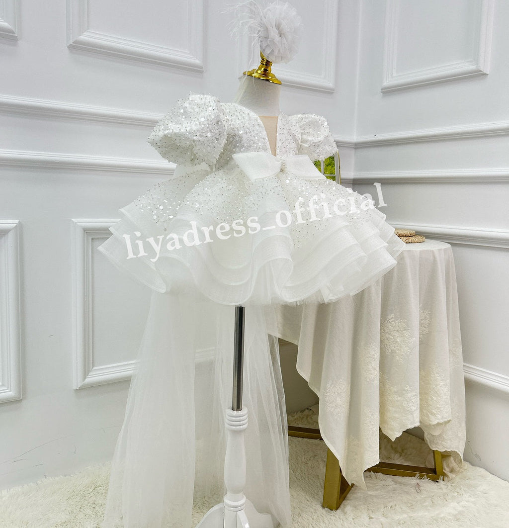 Baby Puff Sleeve Fluffy Tail 1st Birthday Party Princess Dress | KLFFIGID