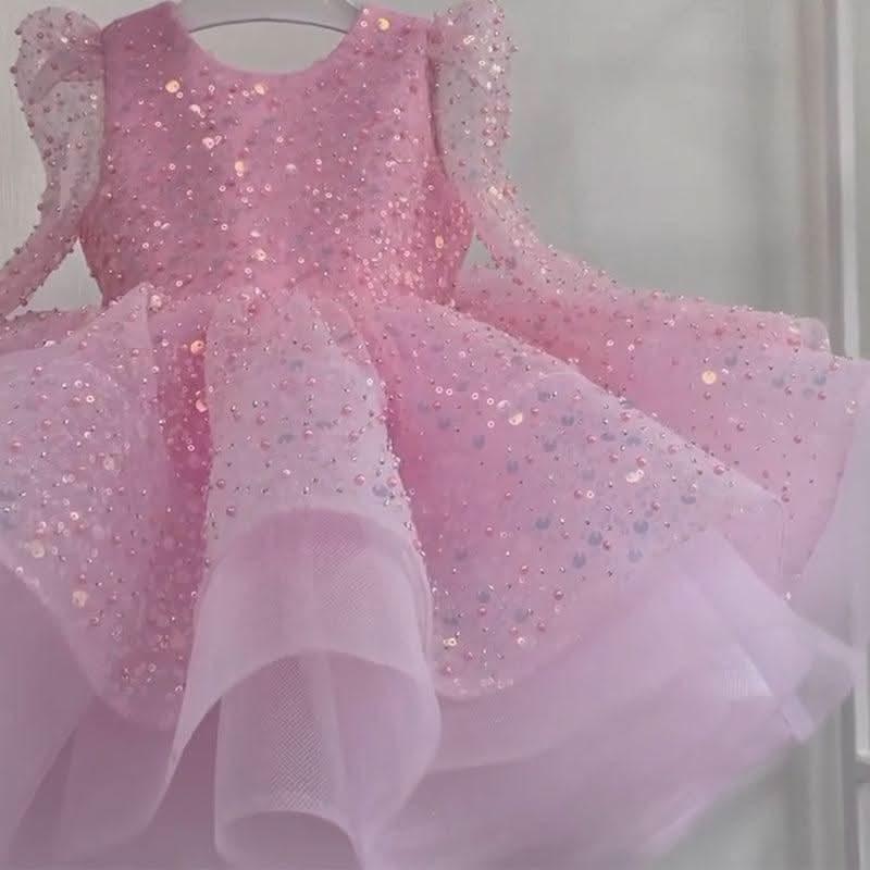 Glittering Pink Princess Dress Sequined Organza Gown | KLFFIGID