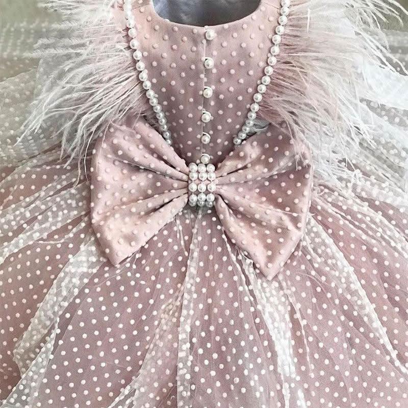 Girls Feather Dream Tulle Princess Dress with Pearl & Polka Dots | KLFFIGID