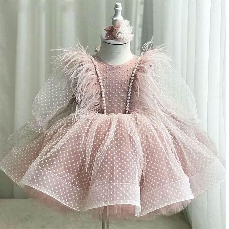 Girls Feather Dream Tulle Princess Dress with Pearl & Polka Dots | KLFFIGID