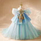 Dreamy Blue Princess Dress Fairy-Like Multi-Layer Tulle Dress Noble Embroidered Girl's Gown