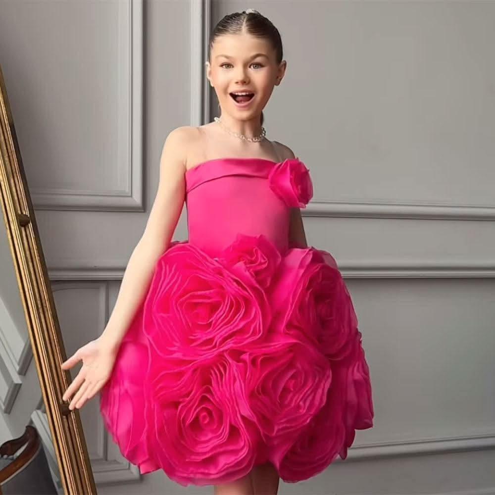 Hand-made Fuchsia Rose Flower Girl Dress for Weddings | KLFFIGID