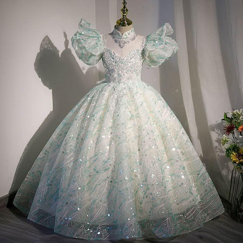 Dreamy Puff Sleeve Fairy Dress Elegant Princess Gown Shimmering Mint Green Fairy Tale Dress