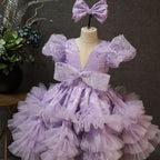 V-Neck Puff Sleeve Butterfly Fluffy Baby 1st Birthday Dress | KLFFIGID