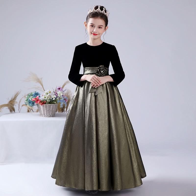 Graceful Princess Gown for Girls Black and Gold Velvet Long Dress for Elegance Must-Have Party Outfit for Little Princesses
