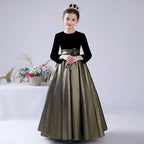 Graceful Princess Gown for Girls Black and Gold Velvet Long Dress for Elegance Must-Have Party Outfit for Little Princesses