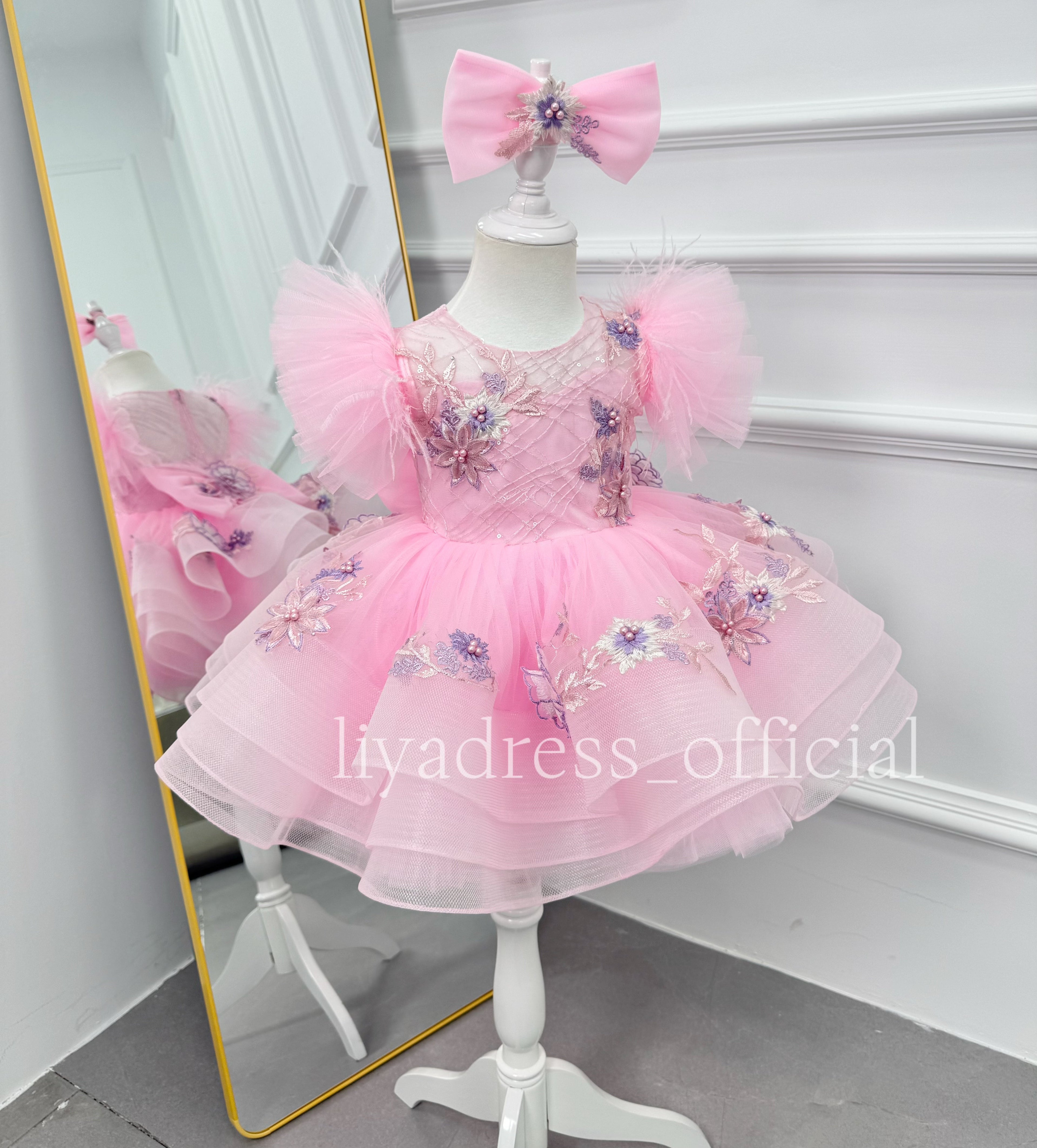 Girls Embroidered Flower Princess Dress Feather Sleeve Party Dress | KLFFIGID