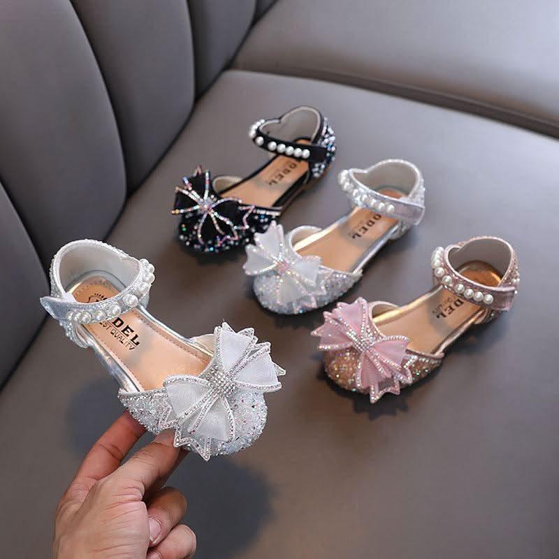 Sparkling Princess Shoes Elegant Pearl-Accented Girls' Shoes Dreamy Crystal Shoes Cute Bow Design