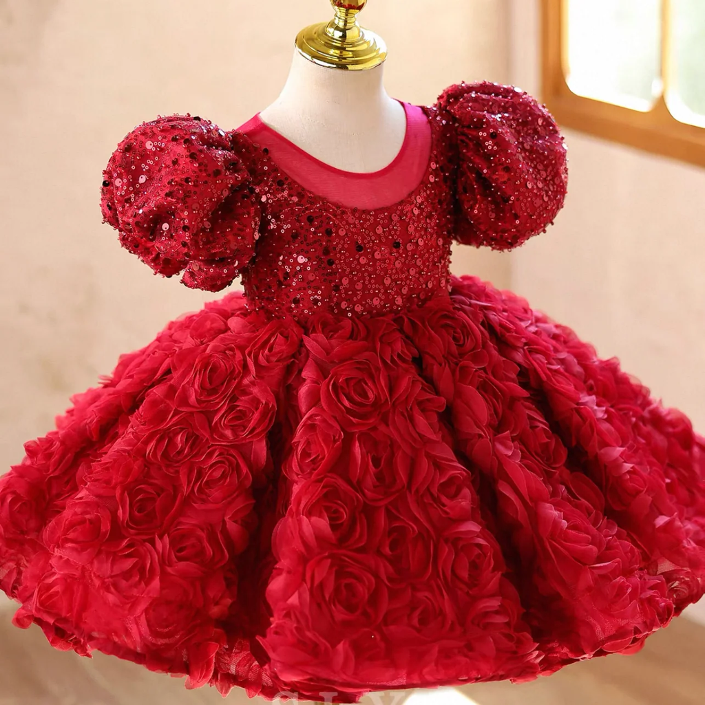 Girls Red Rose Princess Dress with Sequin Puff Sleeves｜KLFFLGID