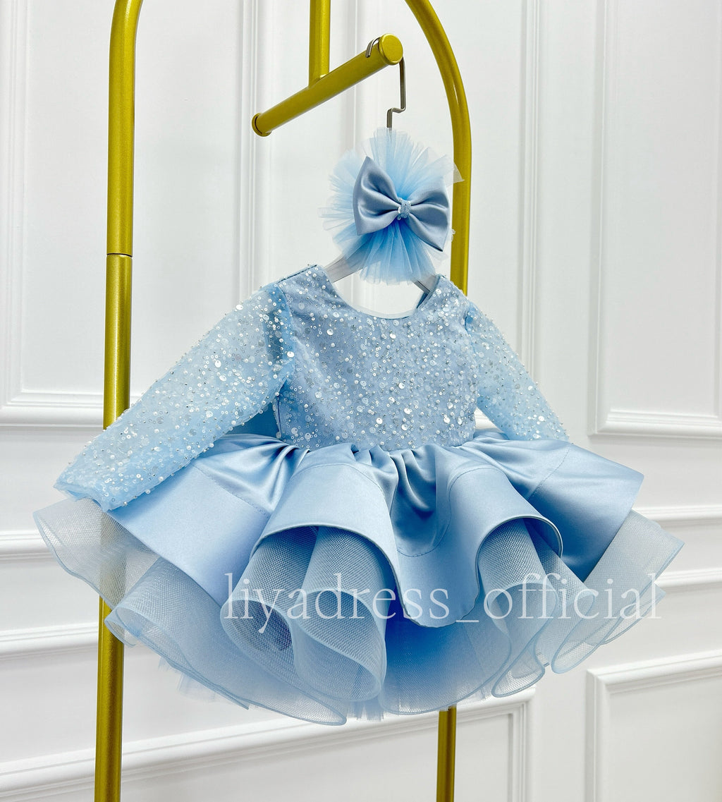 Satin Sequin Big Bow Fluffy Girls Birthday Princess Dress | KLFFIGID