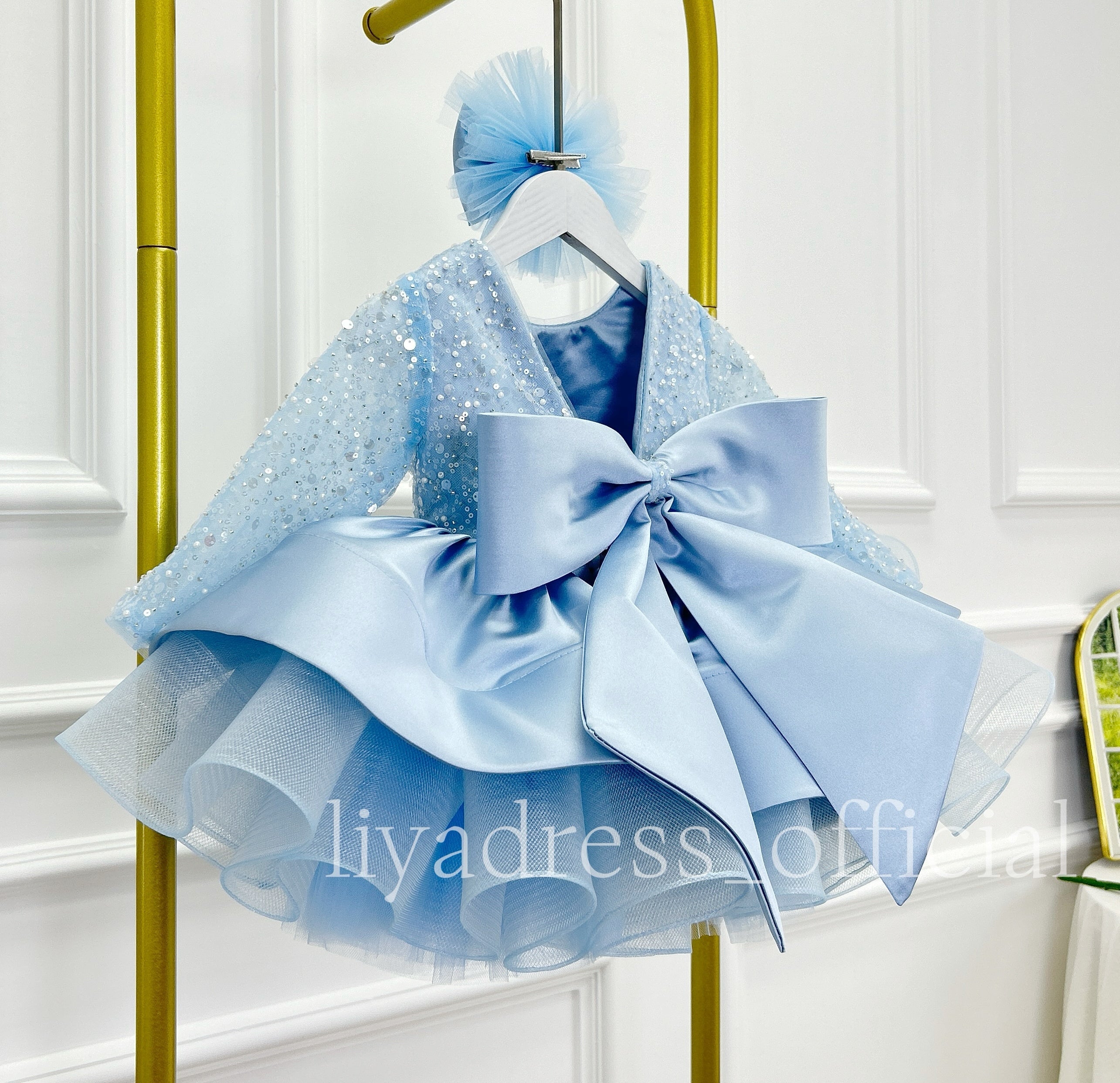 Satin Sequin Big Bow Fluffy Girls Birthday Princess Dress | KLFFIGID