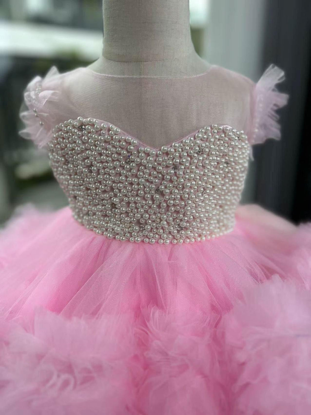 Pink Trailing Pearl Mesh Fluffy Princess Dress for Girls | KLFFIGID