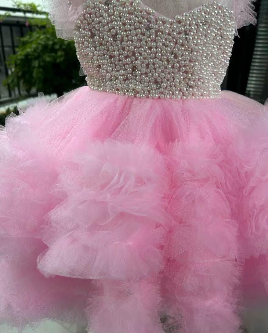 Pink Trailing Pearl Mesh Fluffy Princess Dress for Girls | KLFFIGID