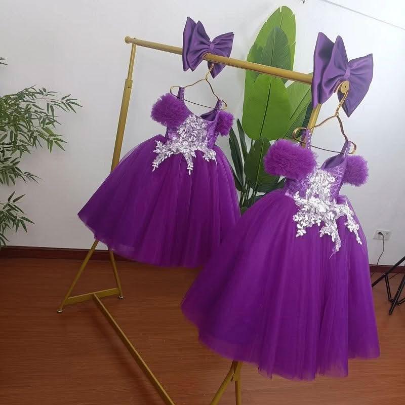 Purple Embroidered Mesh Girls Princess Party Dress | KLFFIGID