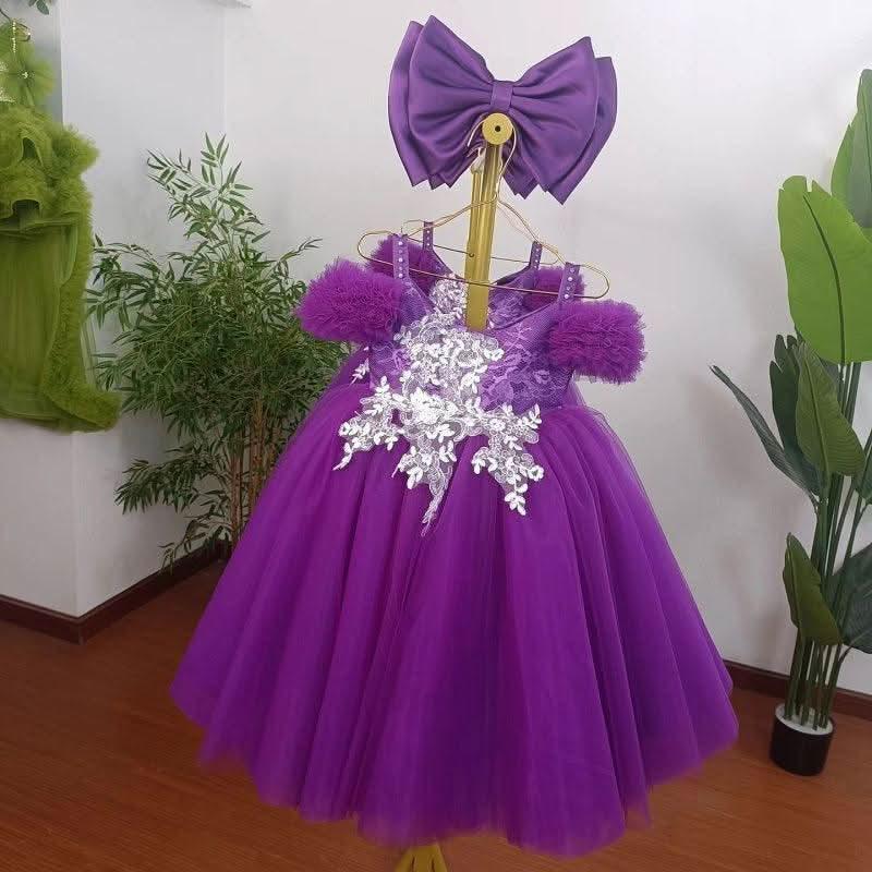 Purple Embroidered Mesh Girls Princess Party Dress | KLFFIGID