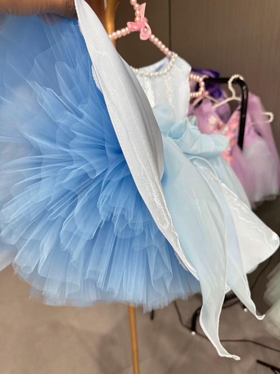 Blue Baby Girl Fluffy Birthday Princess Dress Sequin Bow Party & Performance Outfit | KLFFIGID