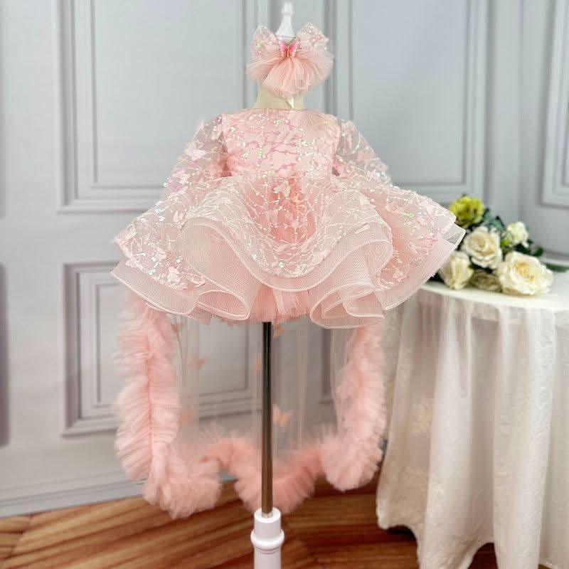 New Bow Long Sleeve Mesh Birthday Party Princess Dress | KLFFIGID