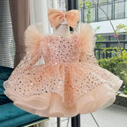Girls Sequined Long Sleeve Stage Performance 1st Birthday Party Dress | KLFFIGID