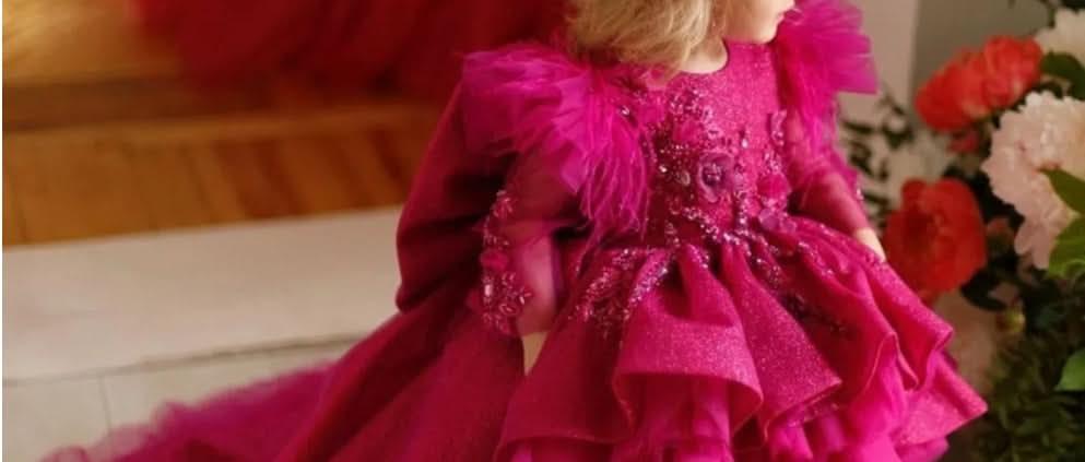 Girls High-End Embroidered Birthday Dress with Big Bow & Train | KLFFIGID