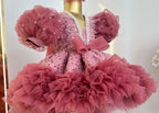Sequin Flower Girl Dress with Train & Puff Sleeves | KLFFIGID