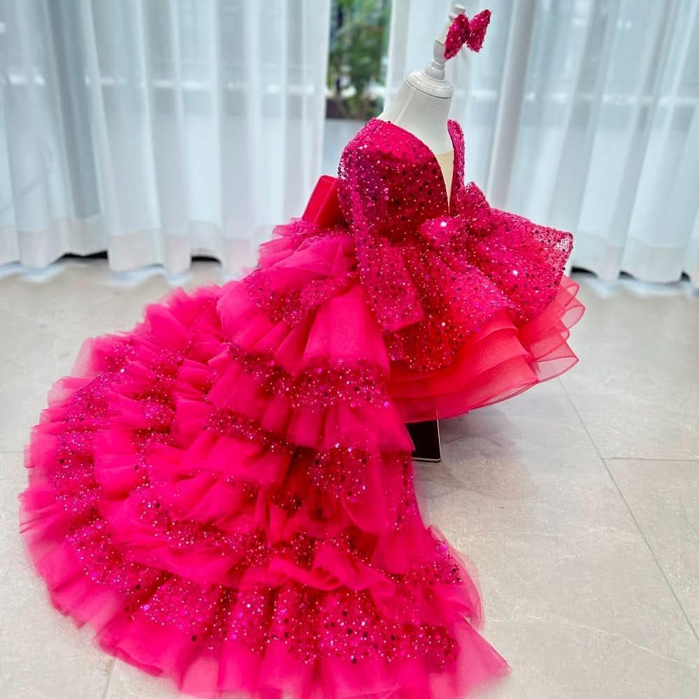 Elegant Sequined Long Sleeve Flower Girl Party Dress with Tail | KLFFIGID