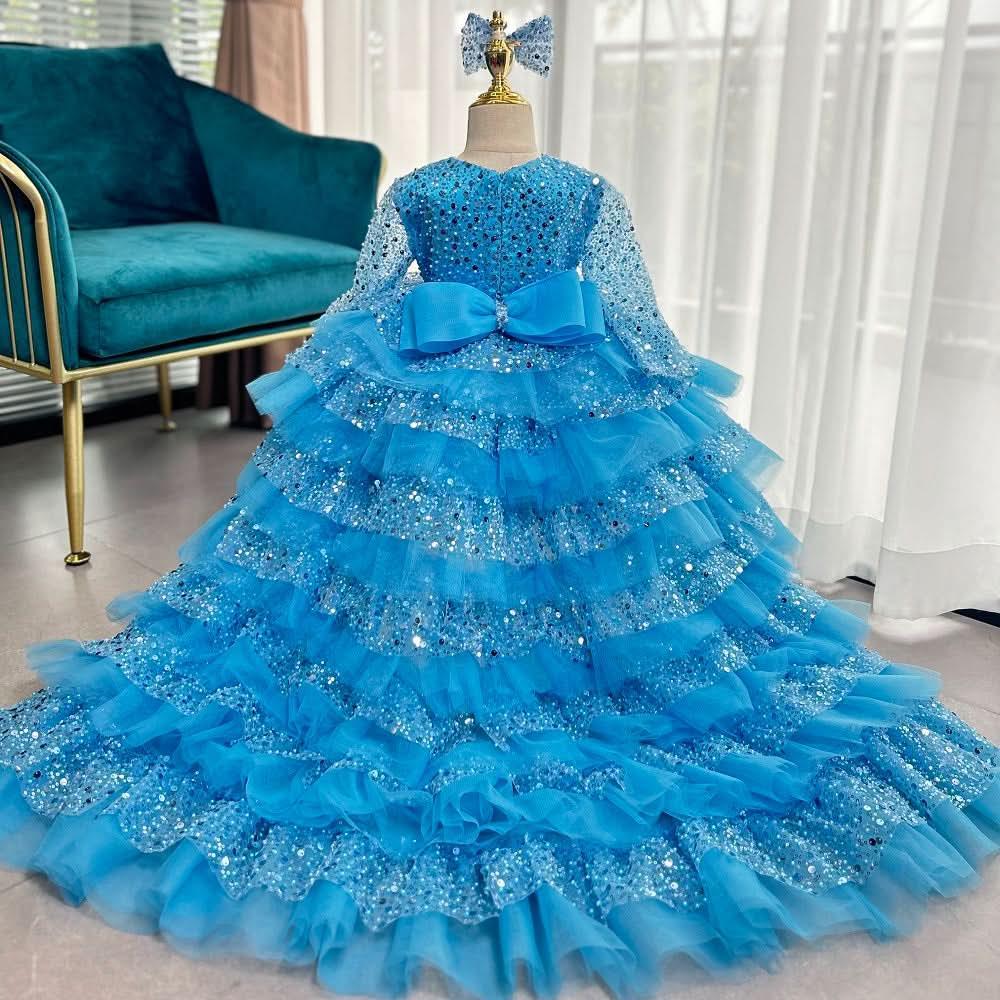 Cute Sequin Mesh Tiered Princess Dress with Train | KLFFIGID