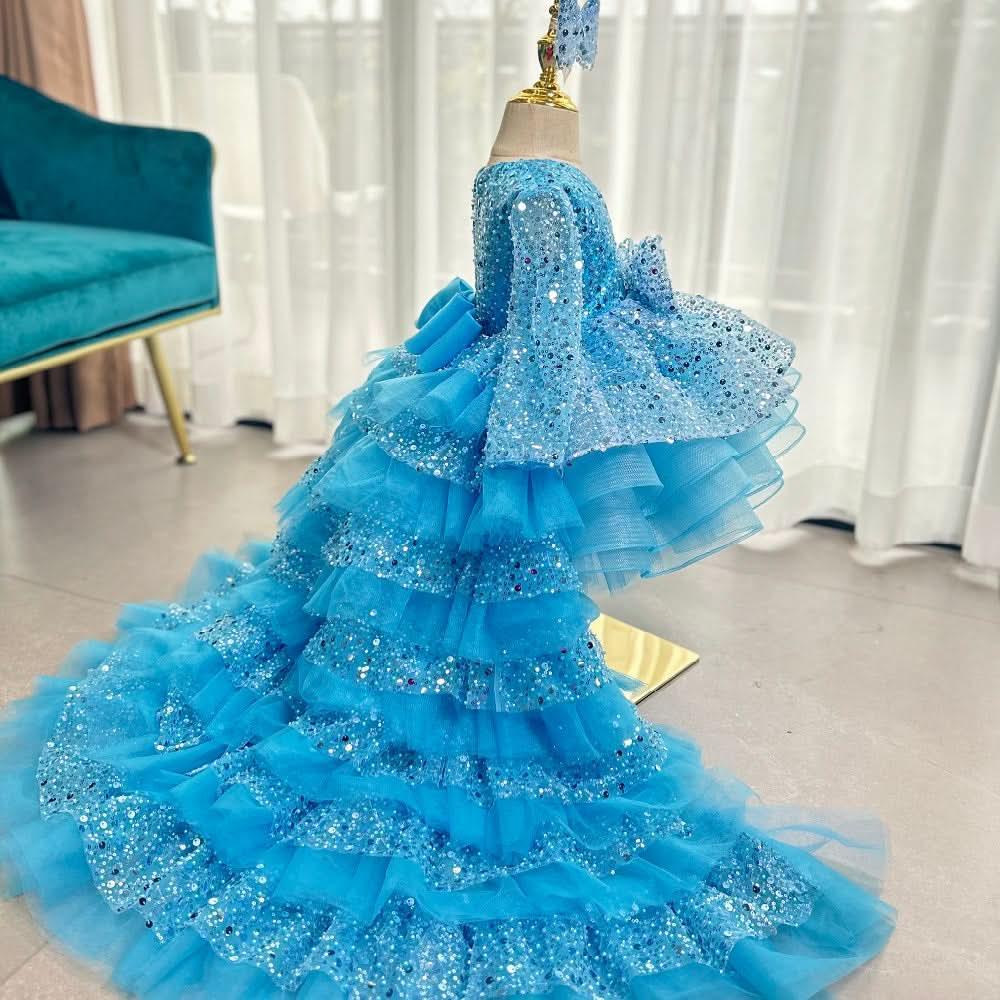 Cute Sequin Mesh Tiered Princess Dress with Train | KLFFIGID