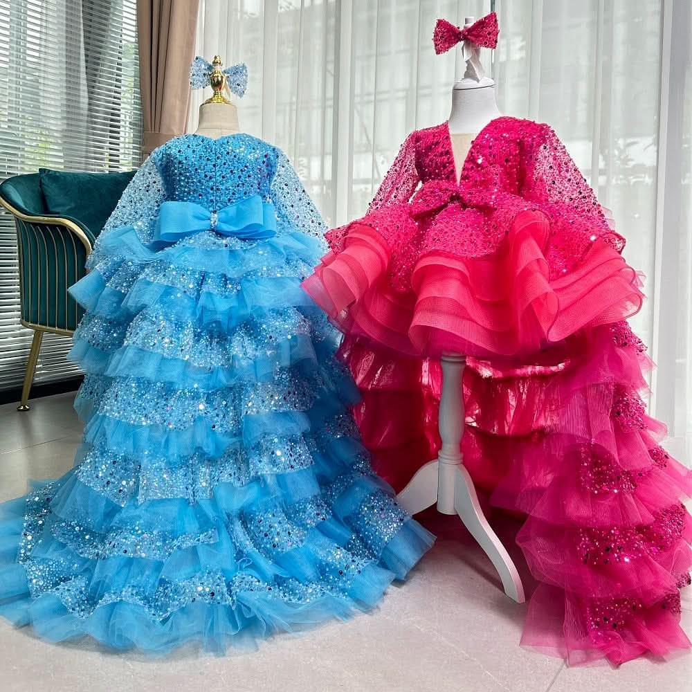 Elegant Sequined Long Sleeve Flower Girl Party Dress with Tail | KLFFIGID