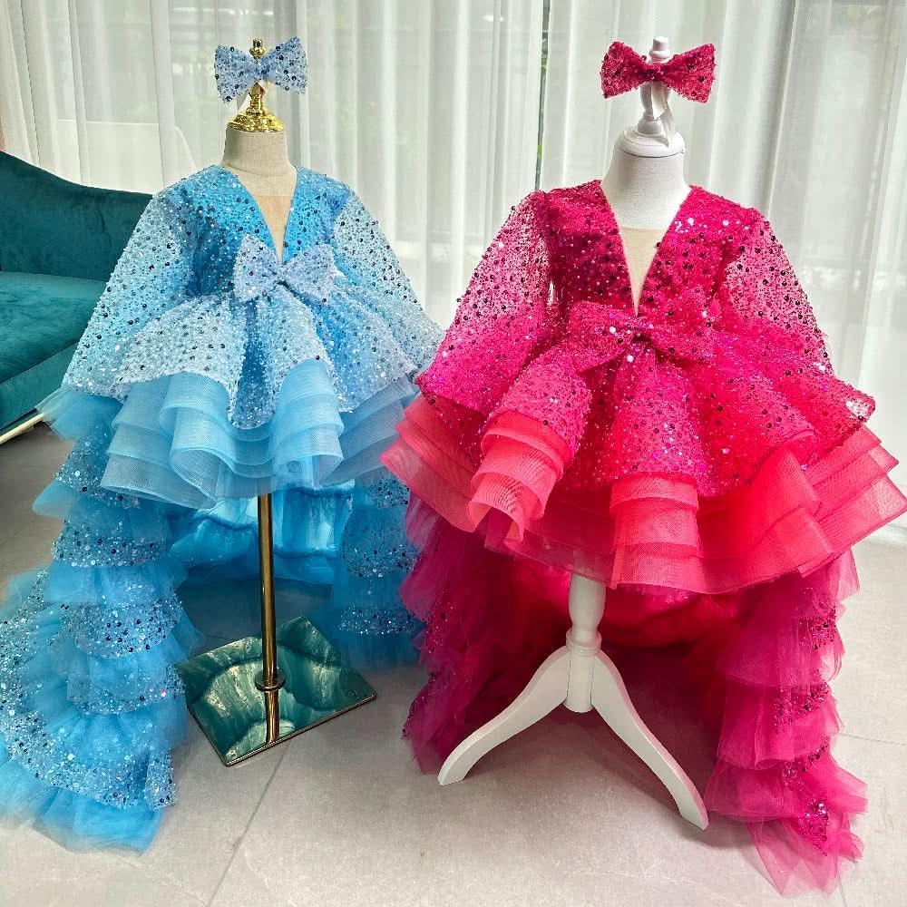 Elegant Sequined Long Sleeve Flower Girl Party Dress with Tail | KLFFIGID