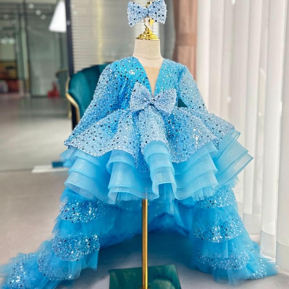Cute Sequin Mesh Tiered Princess Dress with Train | KLFFIGID