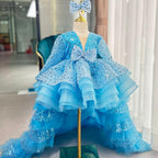 Elegant Sequined Long Sleeve Flower Girl Party Dress with Tail | KLFFIGID
