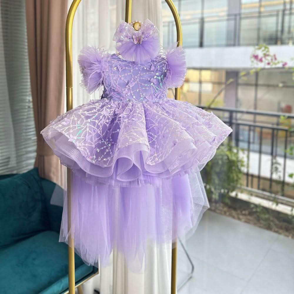 Purple Baby Girl Butterfly Fluffy Princess Dress Long Sleeve Birthday Party Outfit | KLFFIGID