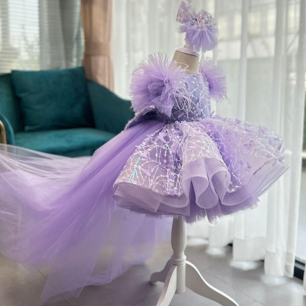 Purple Baby Girl Butterfly Fluffy Princess Dress Long Sleeve Birthday Party Outfit | KLFFIGID