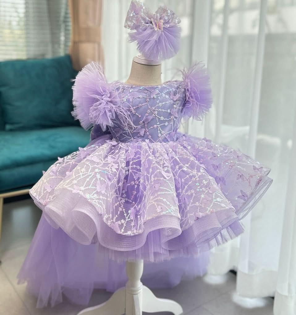 Purple Baby Girl Butterfly Fluffy Princess Dress Long Sleeve Birthday Party Outfit | KLFFIGID