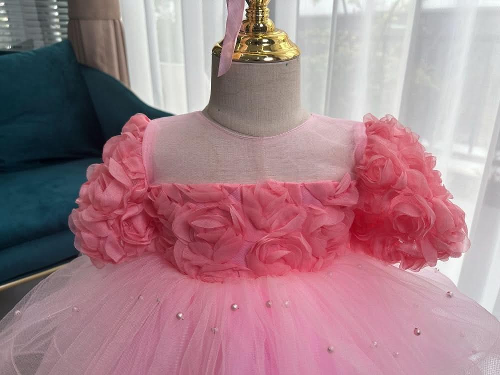 Birthday Baby Rose Flower Girl Dress Mesh Evening Gown | KLFFIGID