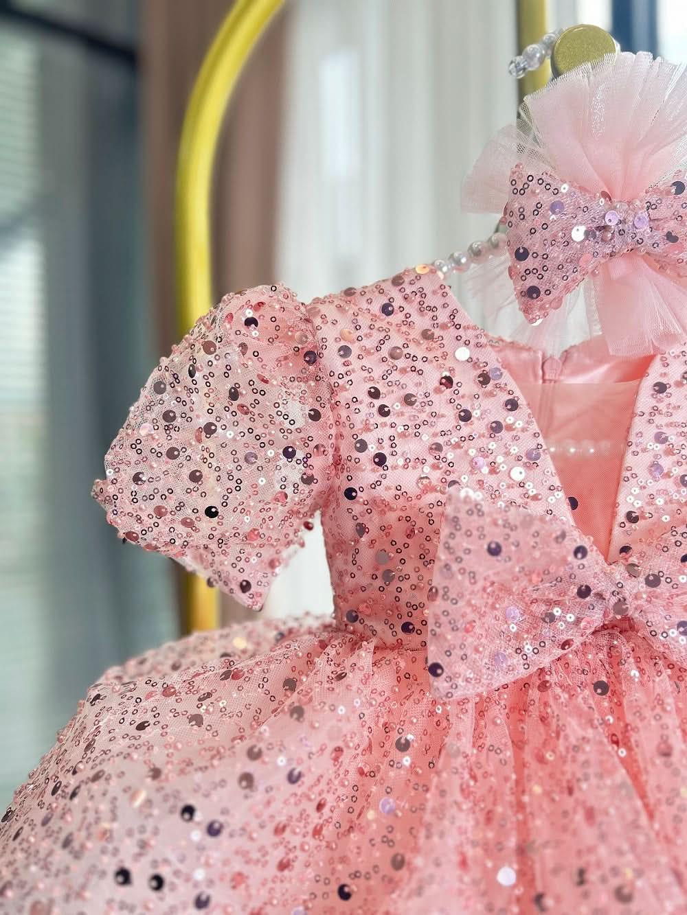 Christmas Puff Sleeve Sequin Girls Evening Dress | KLFFIGID