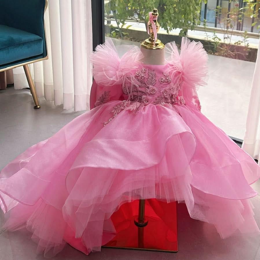 Girls High-End Embroidered Birthday Dress with Big Bow & Train | KLFFIGID