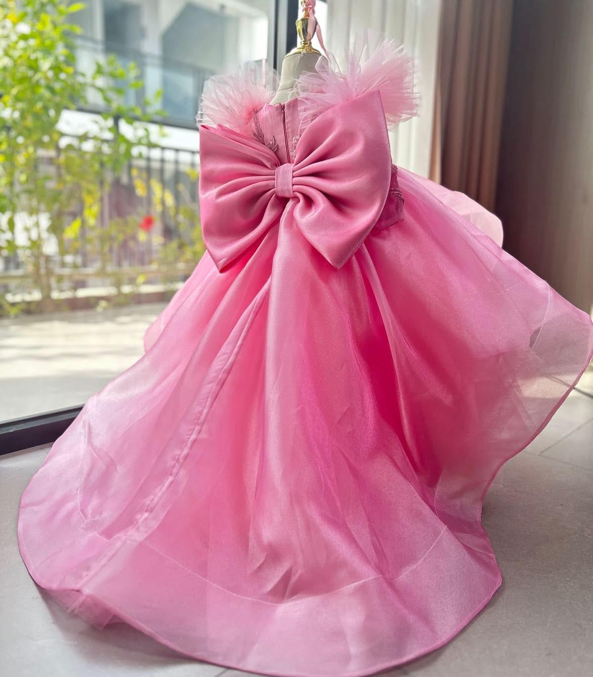 Girls High-End Embroidered Birthday Dress with Big Bow & Train | KLFFIGID