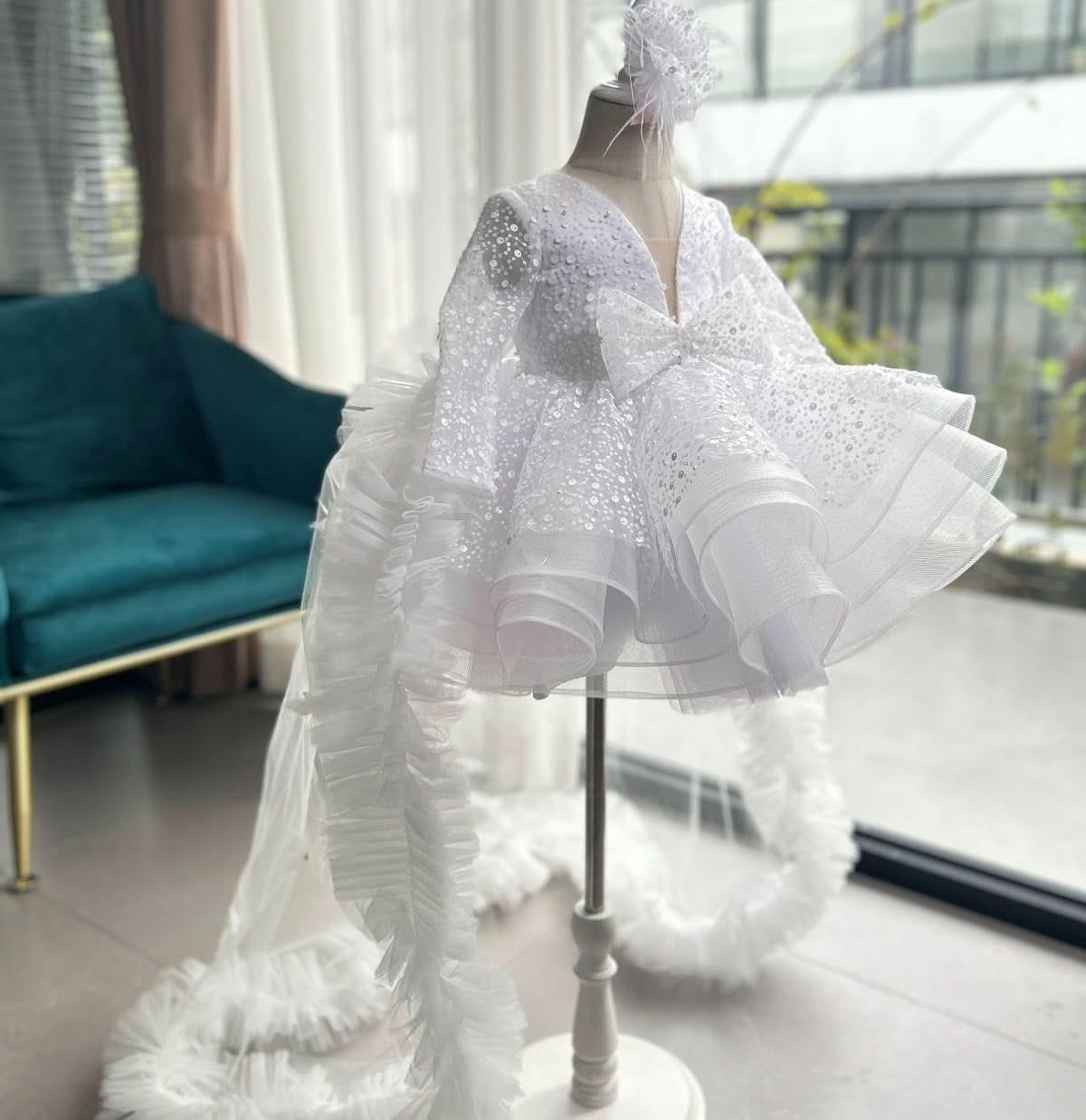Sequin Long Sleeve Flower Girl Princess Dress with Train | KLFFIGID