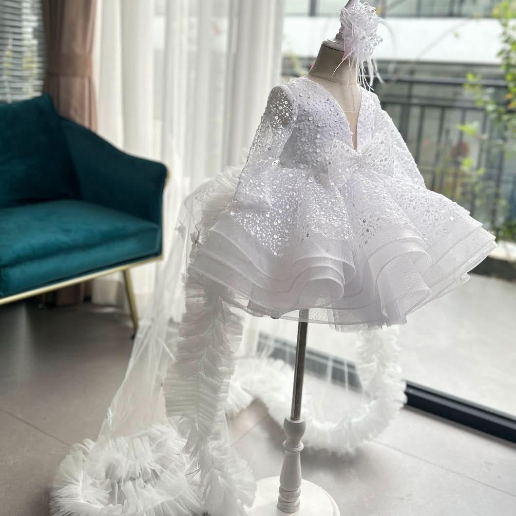Sequin Long Sleeve Flower Girl Princess Dress with Train | KLFFIGID
